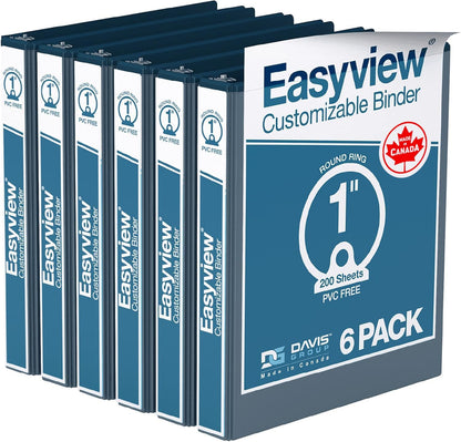 Easyview Premium 3-Ring Binders with Clear-View Covers and Round Rings, Binders for School or Office, 1 Inch, Pack of 6, Navy Blue