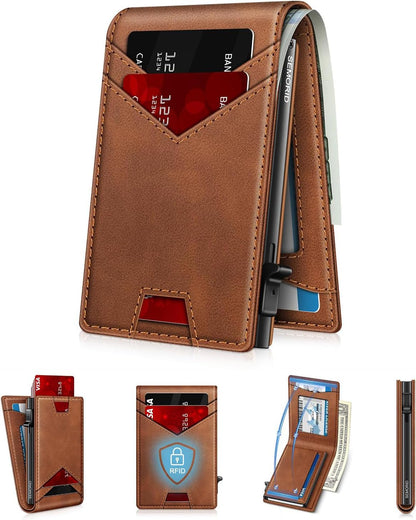 Wallet for Men Wallet with Slim Pop Up Card Holder for 12-14 Cards, RFID Blocking Bifold Minimalist Smart Wallet, Credit Card Holder with ID Window & Cash Slot, Compact Metal Card Case, Gifts for Men