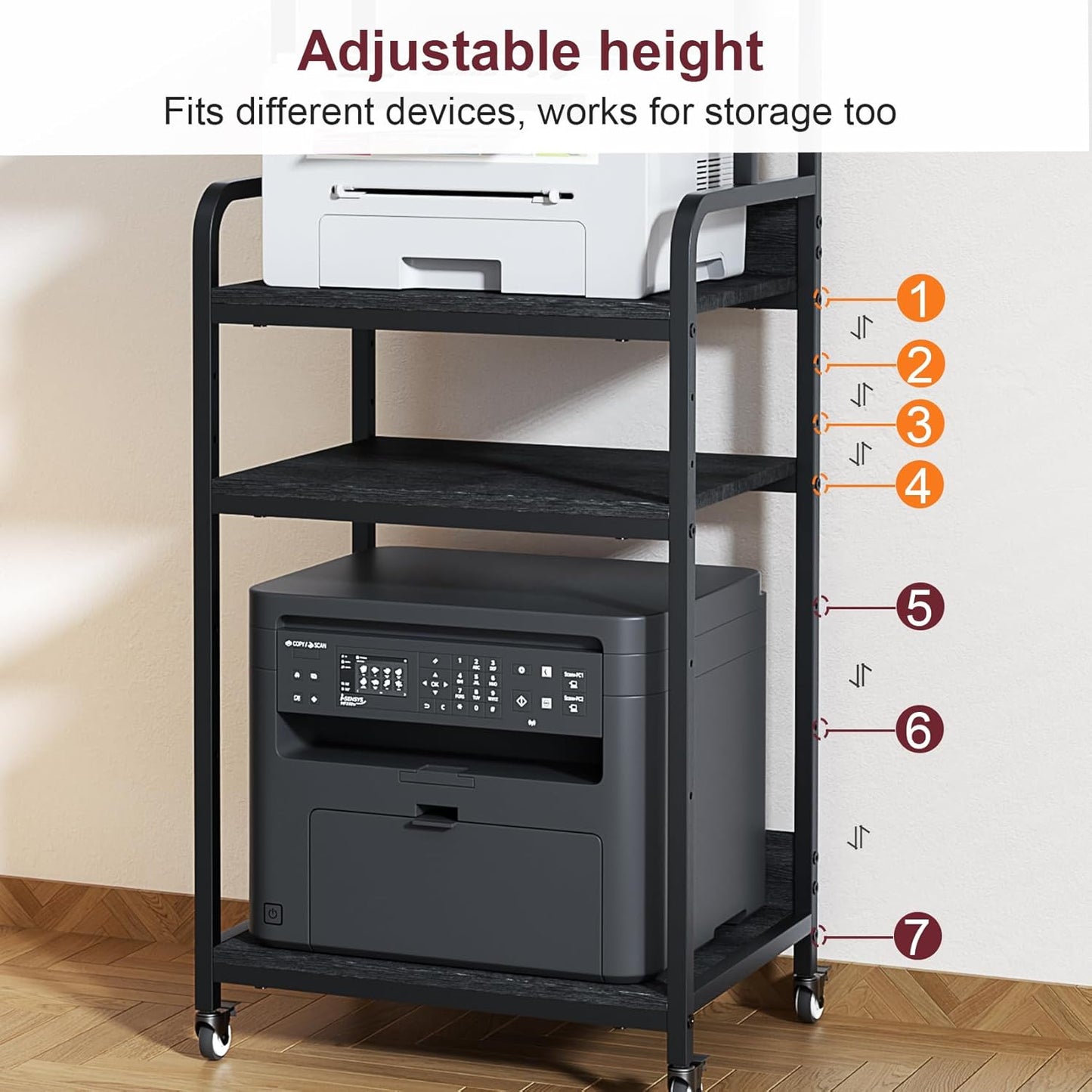 4 Tier Printer Stand with Storage Shelf, Large Tall Printer Table for Home Office, Mobile Printer Cart with Industrial Wheels for Paper Shredder Scanner Fax Heat Press Small Space Organization (Black)