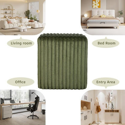 Modern Square Ottoman, Vertical Channel Tufted Foot Stool Ottoman, Velvet Upholstered Vanity Stool for Makeup, Bedroom, Living Room, Dark Green