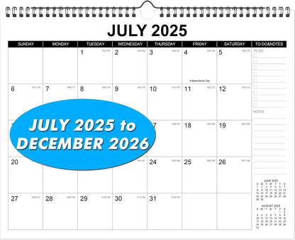 Wall Calendar 2025-2026, Monthly Table Calendar July 2025 to December 2026, 18 Months Screw Wall Calendar, 14.7"x11.5", For Home, Office, School, and Julian Date (Black & White, 14.7x11.5 inch)
