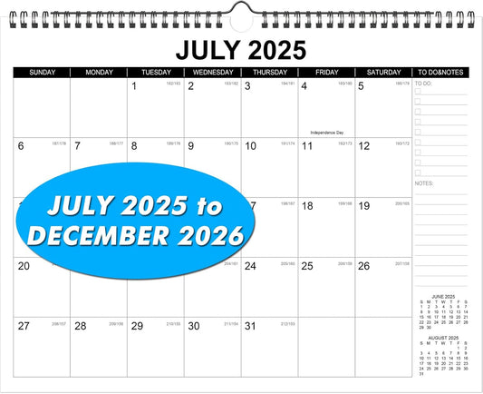 Wall Calendar 2025-2026, Monthly Table Calendar July 2025 to December 2026, 18 Months Screw Wall Calendar, 14.7"x11.5", For Home, Office, School, and Julian Date (Black & White, 14.7x11.5 inch)