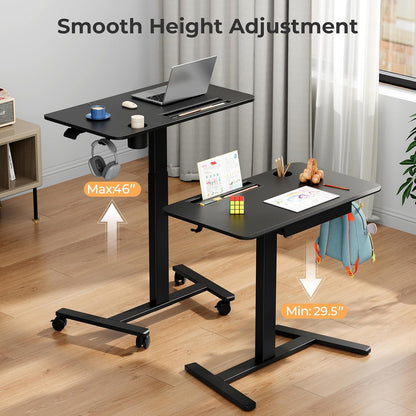 Mobile Standing Desk with Drawer, 35" Small Standing Desk with Cup Holder, Rolling Laptop Cart on Wheels, Height Adjustable Table with Storage for Home Office, Black
