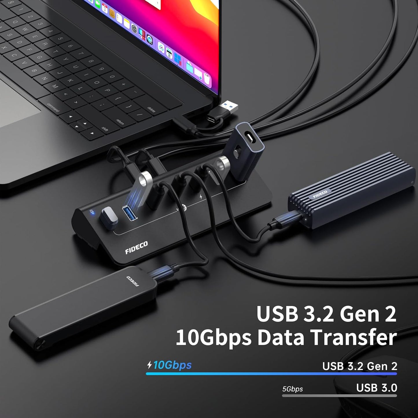 FIDECO Powered USB Hub, 7 Port USB 3.2 Gen 2, 10Gbps Fast Data Hub for iPhone 16/15 and Laptop, Aluminum USB Splitter with 5V 3A Power Adapter, 4 USB-A and 3 USB-C Ports, Support BC1.2 Charging