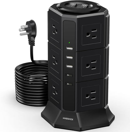 Surge Protector Power Strip Tower, 10FT Ultra Flat Extension Cord with 12 AC Outlets 5 USB Ports(2 Type C), Desktop Charging Station, Flat Plug Outlet Extender for Home Office Dorm