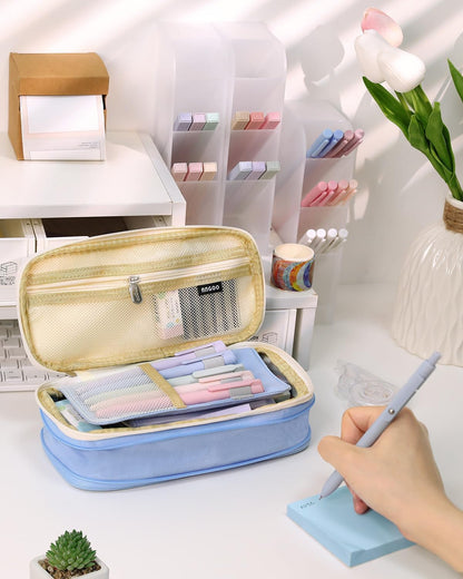 SKYDUE Cute School Supplies 44 PCS, Aesthetic Pencil Case with 12 Pastel Highlighters, 5 Black Gel Pens, 6 Color Gel Pens & Mechanical Pencils, College Essentials Students Stationary Set Blue