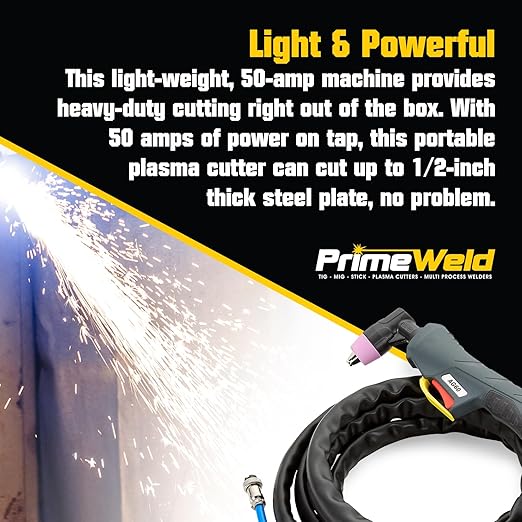 PrimeWeld 50A Air Inverter Plasma Cutter, Portable Plasma Cutting Machine, Premium and Rugged Plasma Cutter Kit, Automatic Dual Voltage 110V/220V AC with Plasma Torch, 1/2" Clean Cut, CUT50D