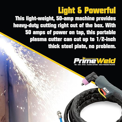 PrimeWeld 50A Air Inverter Plasma Cutter, Portable Plasma Cutting Machine, Premium and Rugged Plasma Cutter Kit, Automatic Dual Voltage 110V/220V AC with Plasma Torch, 1/2" Clean Cut, CUT50D