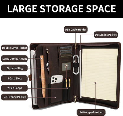 Genuine Leather Portfolio, Legal Size 8.5 x 14 Pad Holder, Business Padfolio for Men and Women, Zippered Laptop Organizer, Executive Professional Work Travel Notepad Folio, Dark Brown