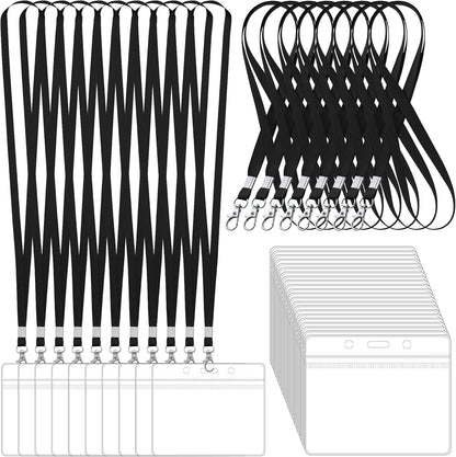 100 Pack Lanyards for ID Badges with Clear Name Tags, Reusable Lanyards Horizontal ID Card Badge Holders Plastic Name Badges for Men Women Kids Business School and Office Supplies (Black)