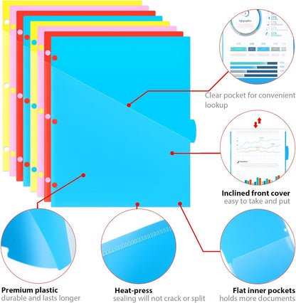 8 Tabs Plastic Dividers with 2 Clear Pockets - 3 Sets, Pocket Dividers for 3-Ring Binders, Multi-Color Binder Dividers, Total 24 Tabs