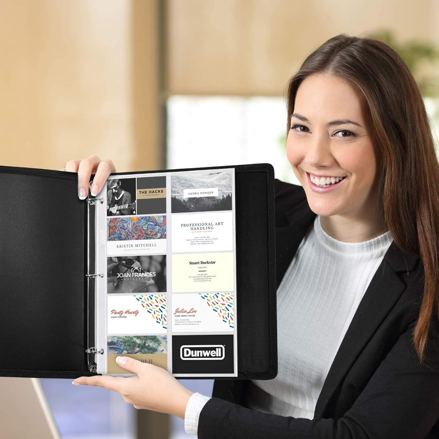 Dunwell Business Card Holder Sleeves (10 Pack for 200 Cards), Heavyweight Plastic Sheet Protect, Each Sleeve Holds 20 2x3.5 Namecards, 3-Hole Punched, Fits 3-Ring Binders