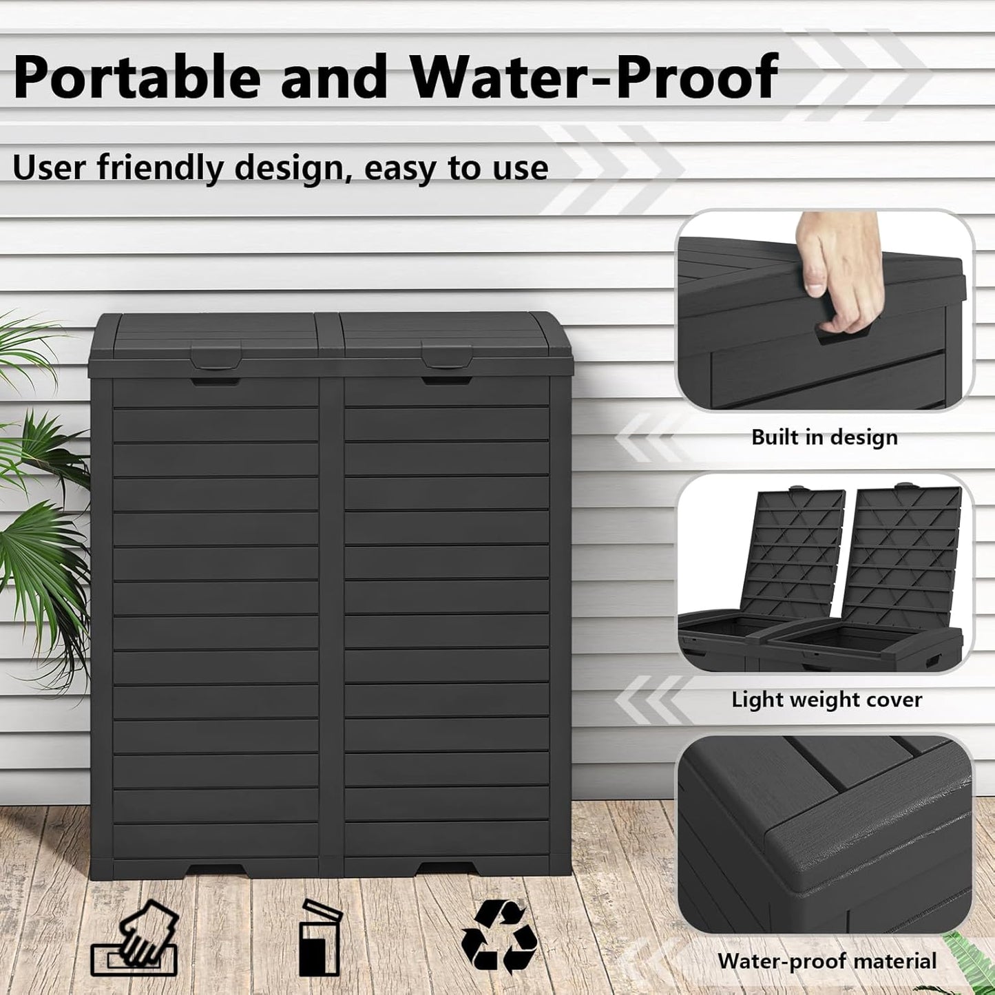 62 Gallon Outdoor Trash Can, Waterproof Garbage Can with Tiered Lid and Drip Tray, Resin Outside Trash Bin for Patio, Backyard, Deck