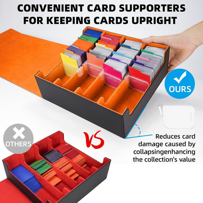 AFIING 4-Row Trading Card Storage Box – Holds 3200+ Cards, 48 Dividers & 4 Stoppers, Card Deck Box for MTG TCG Sports Cards – Includes 1 Dice Bag(Black Orange)