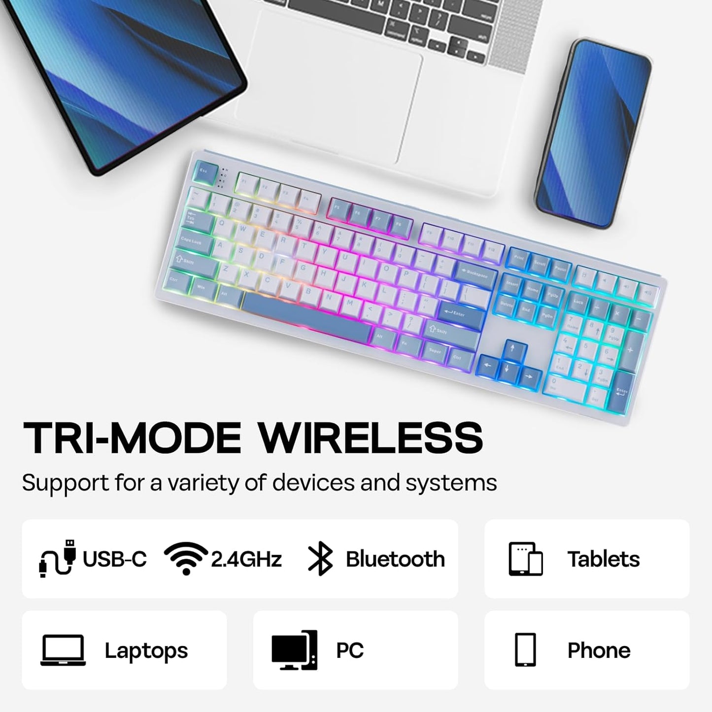 EPOMAKER TH108 Full Size Mechanical Keyboard, Wireless Gaming Keyboard with 8000mAh Battery, Creamy Gasket, 108 Keys, Hot Swap, Custom Driver, RGB Backlight (Blue&White, Sea Salt Silent)