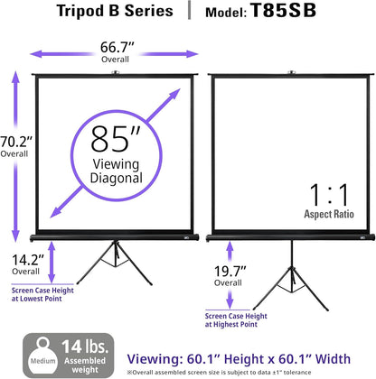 Elite Screens Tripod B, 85-INCH 1:1, Lightweight Pull Up Foldable Stand, Manual, Movie Home Theater Projector Screen, 4K / 8K Ultra HDR 3D Ready, US Based Company 2-YEAR WARRANTY, T85SB, black