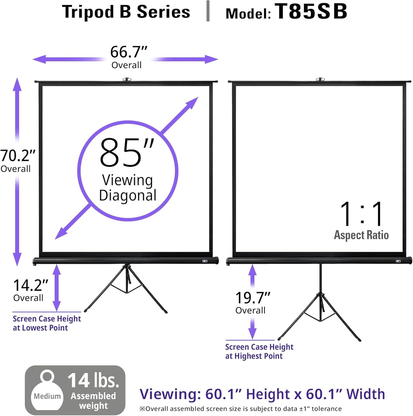 Elite Screens Tripod B, 85-INCH 1:1, Lightweight Pull Up Foldable Stand, Manual, Movie Home Theater Projector Screen, 4K / 8K Ultra HDR 3D Ready, 2-YEAR WARRANTY, T85SB