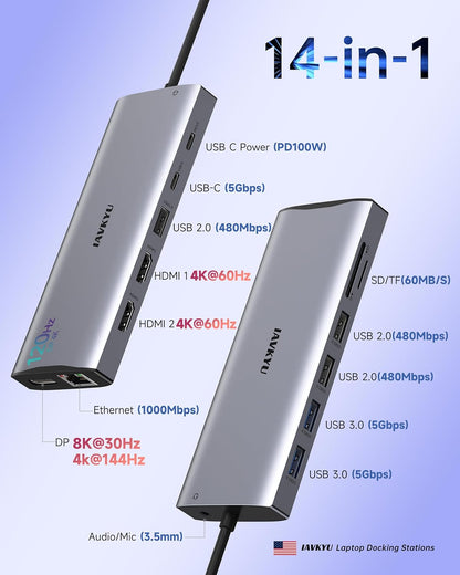 Triple Monitor Docking Station, 14-in-1 USB C Hub with DP 8K@30Hz/4K@144Hz, Dual HDMI 4K@60Hz, 100W PD, 7 USB Ports, SD/TF Card Reader, Gigabit Ethernet for MacBook & Windows Laptop