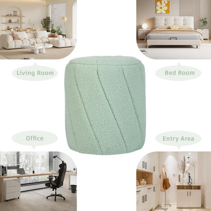 Modern Round Ottoman, Spiral-Tufted Foot Stool Ottoman, Teddy Fleece Upholstered Vanity Stool for Makeup, Bedroom, Living Room, Light Green