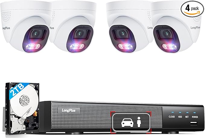 LongPlus Smart 4K 8CH Home Security Camera System, 4Pcs Wired PoE IP Cameras System Outdoor with Person/Vehicle Detection, 12MP 8CH NVR with 2TB HDD for 24-7 Recording, LP8ME84D1