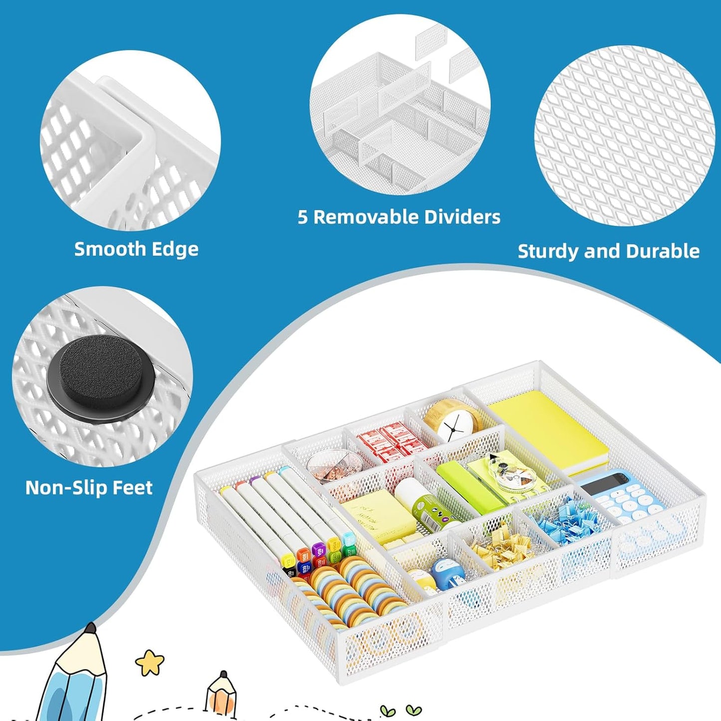 Marbrasse Expandable Desk Drawer Organizer, Mesh Drawer Organizer Tray with 10 Adjustable Compartments, Desk Organizers and Accessories for Office Supplies, Makeup & Vanity (Expandable White-2 pack)