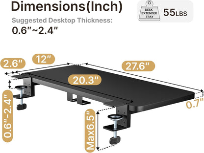 Desk Extender Tray, 28" x 12" Clamp On Desk Shelf, Desk Extension with Laptop Holder, Table Desk Arm Rest, Clamp On Keyboard Tray for Office and Home, Workstation Organizer, Large, Black