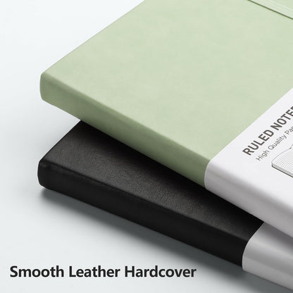 RETTACY Lined Journal Notebook, 2-Pack, 192 Numbered Pages per Pack, A5 Medium Size (5.7'' x 8.3''), for Men & Women, Writing, Work, Leather Hardcover, 100 GSM Thick Paper (Black & Light Green)
