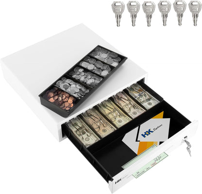 HK SYSTEMS 16inch Heavy Duty POS Cash Drawer with 5Bill/5Coin, Removable Coin Compartment, 24V, RJ11, Single Large Media Slot, White