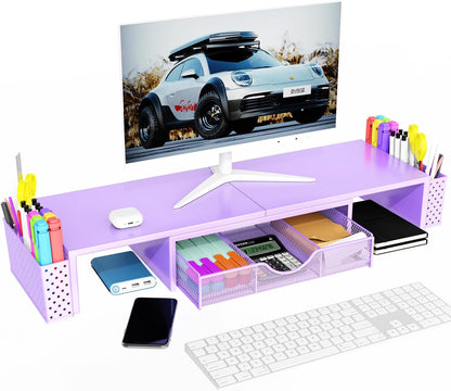 Spacrea Metal Desk Organizers and Accessories, Dual Monitor Stand Riser with Drawer and 2 Pen Holders, Desk Accessories & Workspace Desktop Organizers for Office Supplies (Purple)