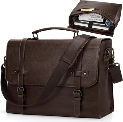 RAINSMORE Mens Messenger Bag 17 Inch Waterproof Vintage Leather Laptop Briefcase Large Laptop Bag Satchel Bag Computer Shoulder Bag for Office Business Travel College,Brown