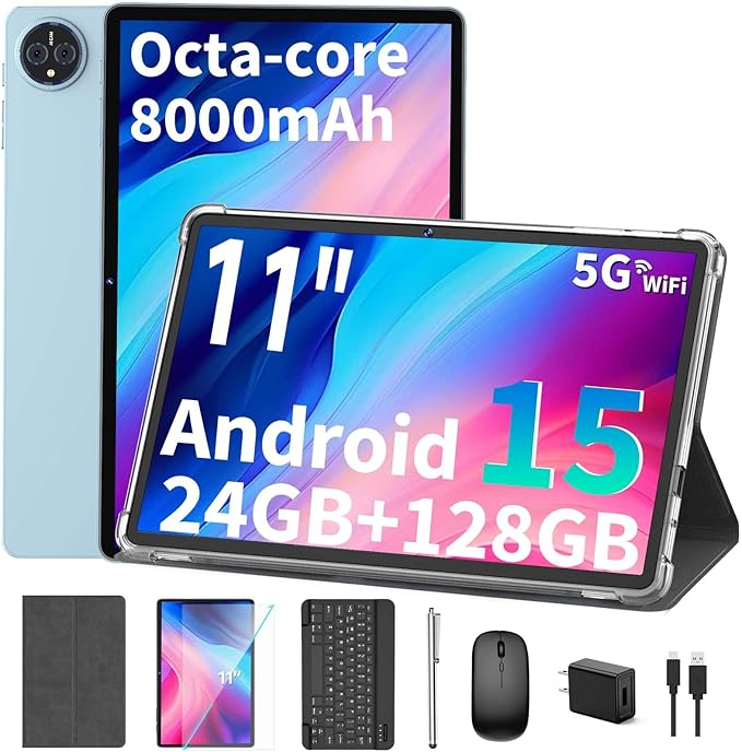 2026 11 inch Tablet, Android 15 Tablet with Keyboard, 24GB RAM+128GB ROM(2TB Expand), 8000mAh, Gemini AI, 2.4G/5G WiFi, BT5.0, GMS, Octa-core, 2 in 1 Tablets with Case, Mouse, Stylus(Silver Case)