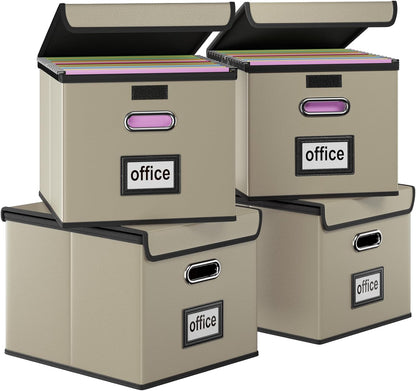 Huolewa Portable Leather File Organizer Boxes with Lids, Office Document Boxes Organizer, Filing Boxes, Decorative Small File Boxes for Hanging Files with Plastic Slide for Office/Decor/Home