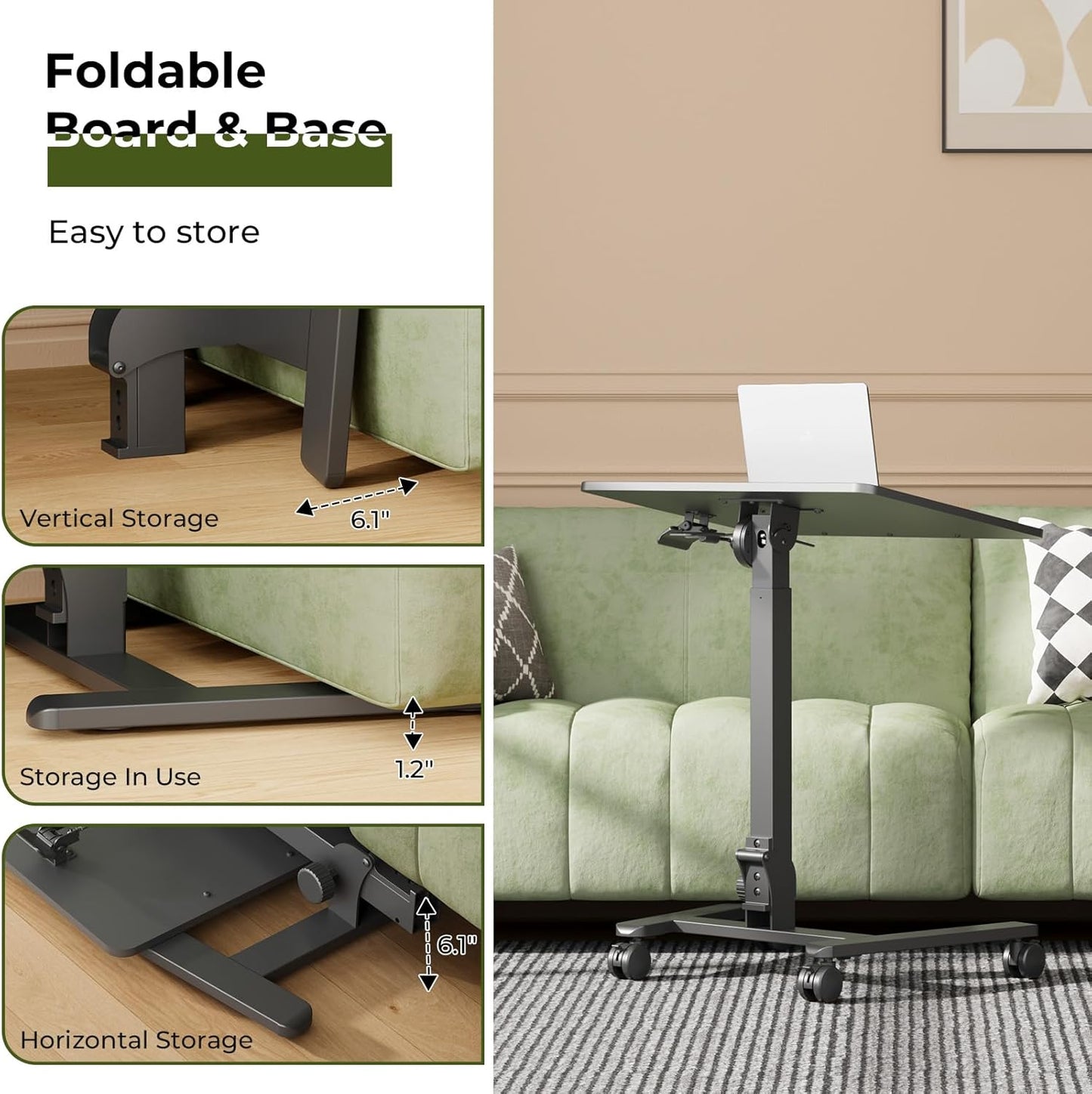 Foldable Standing Desk，Small Mobile Sit-Stand Desk with 90 Tiltable Top，Rolling Rising Laptop Workstation Adjustable Height，Portable Table on Hidden Wheels/4 Lockable Casters，Black