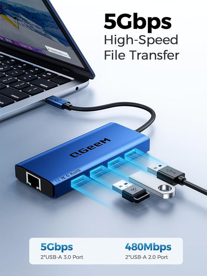 QGeeM USB C Hub Ethernet,9 in 1 USB Type C Hub HDMI Multi-Port Converter Adapter,100W Pd, USB 3.0,SD/TF Card Reader,Compatible for MacBook Pro Air Ipad HP Dell Lenovo Chromebook etc.-Blue
