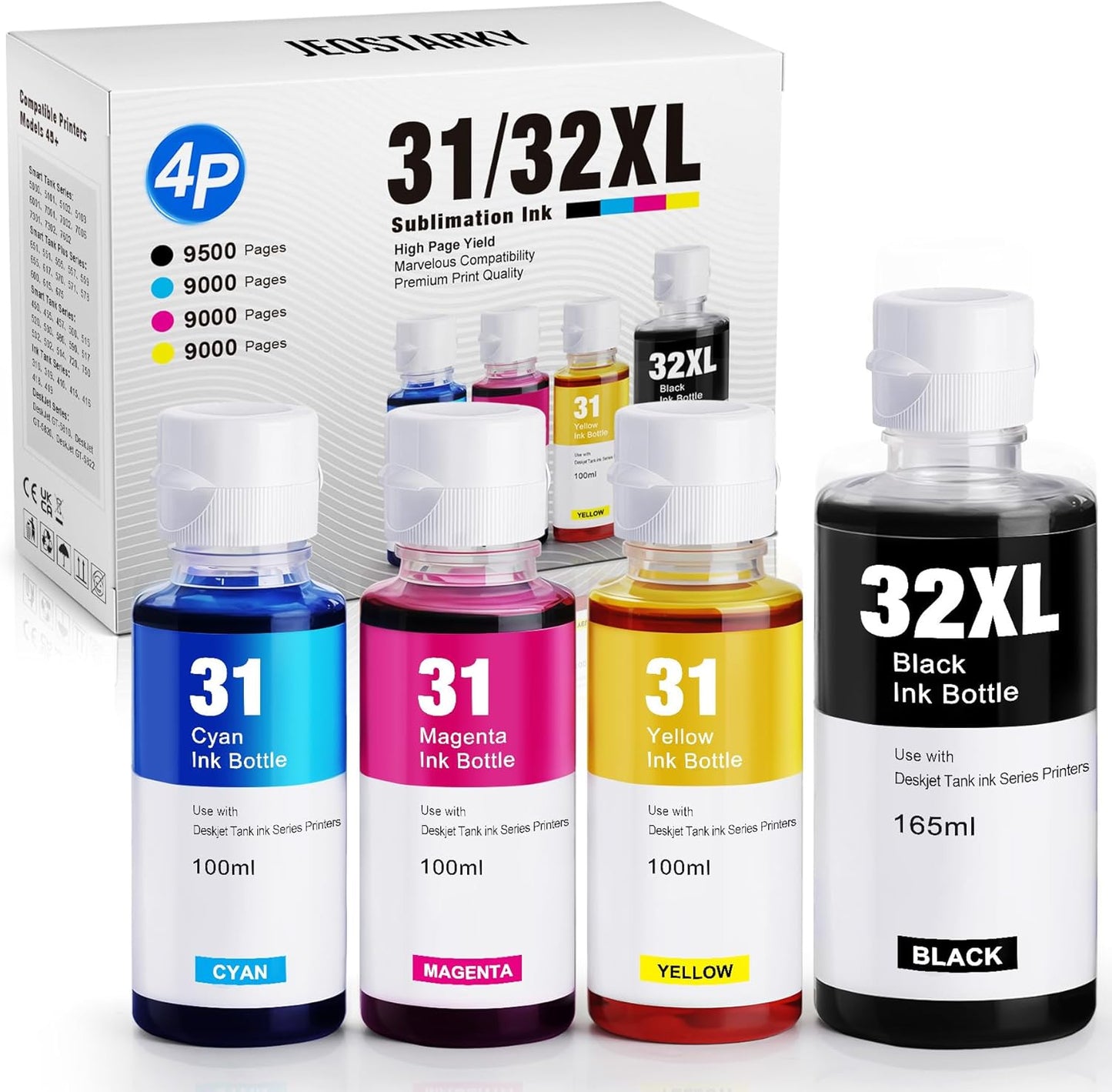 Jeoskarky Compatible for HP 31xl Color HP 32xl Black Ink Bottle for HP Smart Tank 7602 6001 5101 7301 6000 5102 5000 5103 7002 7001 7302 Series for Smart Tank Plus 651 551 Printers (4 Bottles)