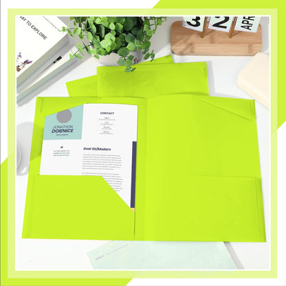 Henoyso 60 Pcs Plastic Folders with Clear Front Pockets Heavy Duty File Folders with 2 Pockets and Card Slot for Student Communication School Office Presentation Report (Fluorescent Green)