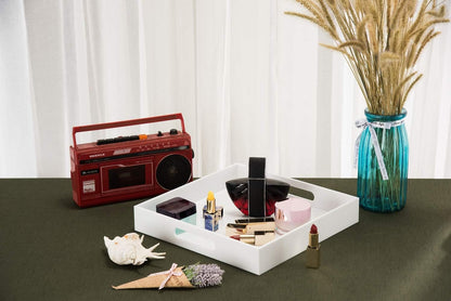 Glossy White Sturdy Acrylic Serving Tray with Handles-12x12Inch-Serving Coffee,Appetizer,Breakfast,Butler-Kitchen Countertop -Cosmetics Organizer-Vanity Table Tray-Ottoman Tray-Decorative