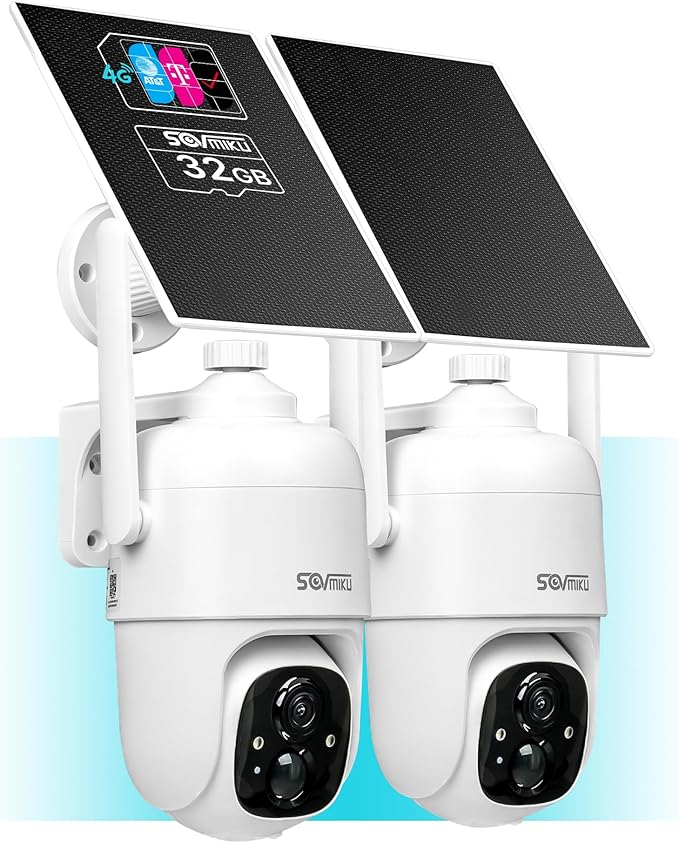 Sovmiku 2C1 4G LTE Cellular Security Camera Wireless Outdoor, $14.9/Month for Unlimited Data, Easy to Setup, IP65 Waterproof, No Wi-Fi Surveillance Cam Two Way Audio, Color Night Vision, 32GB Included