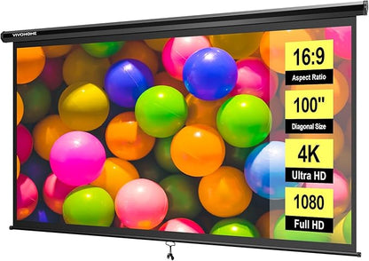 VIVOHOME 100 Inch 16:9 Pull Down Projector Screen, HD 4K Retractable Movie Screen for Indoor Home Theater and Office, Manual Projection Screen with Auto Locking (87W x 49H Inch Display Area)