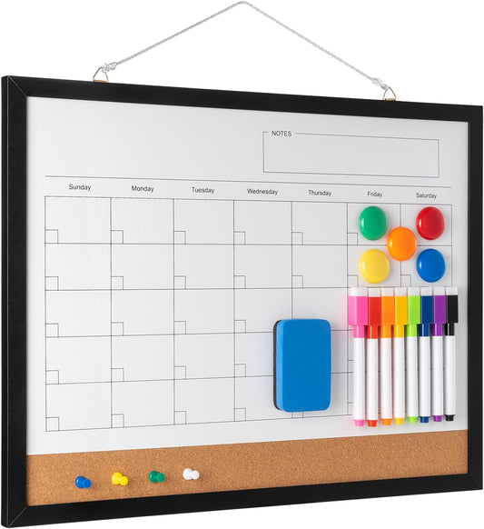 Dry Erase Calendar Whiteboard, 17" x 13" Magnetic Whiteboard Cork Board Combo, Reusable Monthly Planner with 8 Markers, Eraser, Magnets and Pushpins, Hanging Dry Erase Board for Home, School - Black