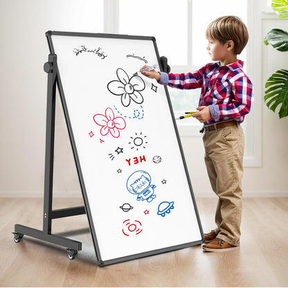 Rolling Whiteboard 40x28 Inches - Adjustable Height Standing Easel Whiteboard on Wheels for Home, Office, Classroom Black