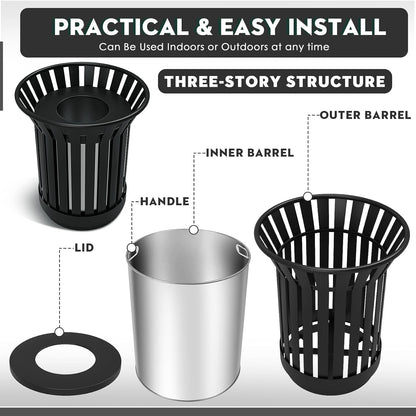 27.6IN Round Large Outdoor Trash Can, Heavy Duty Metal Slatted Garbage Can Outdoor, All Weather Resistant Commercial Garbage Cans, Waste Receptacle in Park, School, Beach, Patio Black