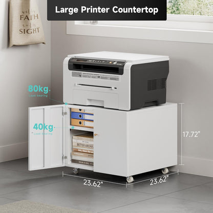 Warmiehomy Metal Printer Stand, 24x24x18'' Printer Cabinet with Storage, Mobile Printer Table with Wheels, Desk for Small Spaces with Door, Adjustable File Cabinet for Home Office (White)