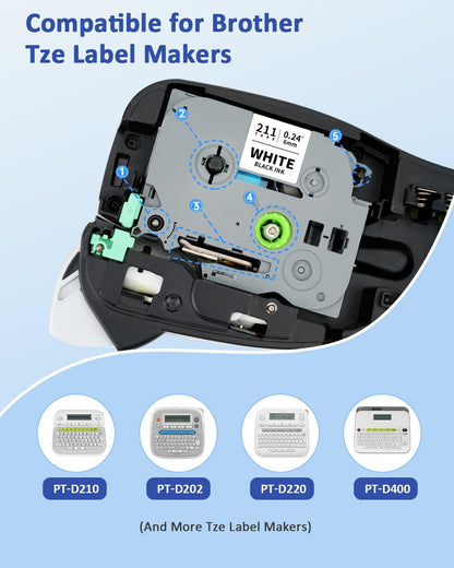 TZ Tape 6mm 0.23 Laminated White Label Tape Tz-211 Compatible for Brother P-Touch Tze-211 1/4" Tze Label Refills Work for Ptouch Label Maker PT-D220 PT-D210 PT-H110 PT-D400, Black on White, 4-Pack