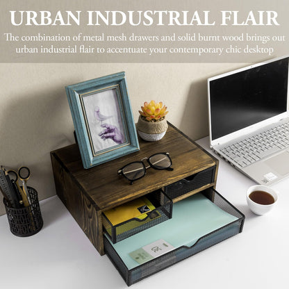 MyGift Rustic Burnt Brown Solid Wood Desktop Organizer Box with 3 Removable Black Metal Mesh Trays, Office Desk Supplies Storage Drawers for Accessories