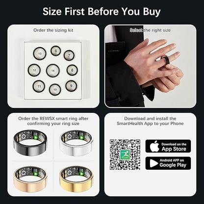 Smart Health Ring for Women Men, Fitness Tracker Ring with Heart Rate, Blood Oxygen, Sleep Tracker, Step Tracker, No Subscription Fee, IP68 Waterproof Smart Ring for iPhone & Android (Gold, 8#)