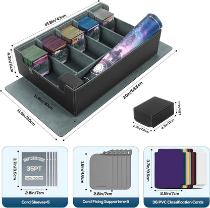 5-Row MTG Deck Box with Commander Display, Trading Card Storage Box for MTG TCG Sports Card，Card Deck Box with 1 Sieve box, 5 Toploaders, 5 Stoppers, 36 Colorful Dividers (Black & Grey)