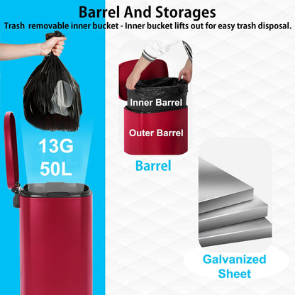 PayLessHere Stainless Steel Trash Can with Lid - Removable Inner Bucket, Foot Pedal, Soft Close for Office, Home, Kitchen (Red, 13 G)