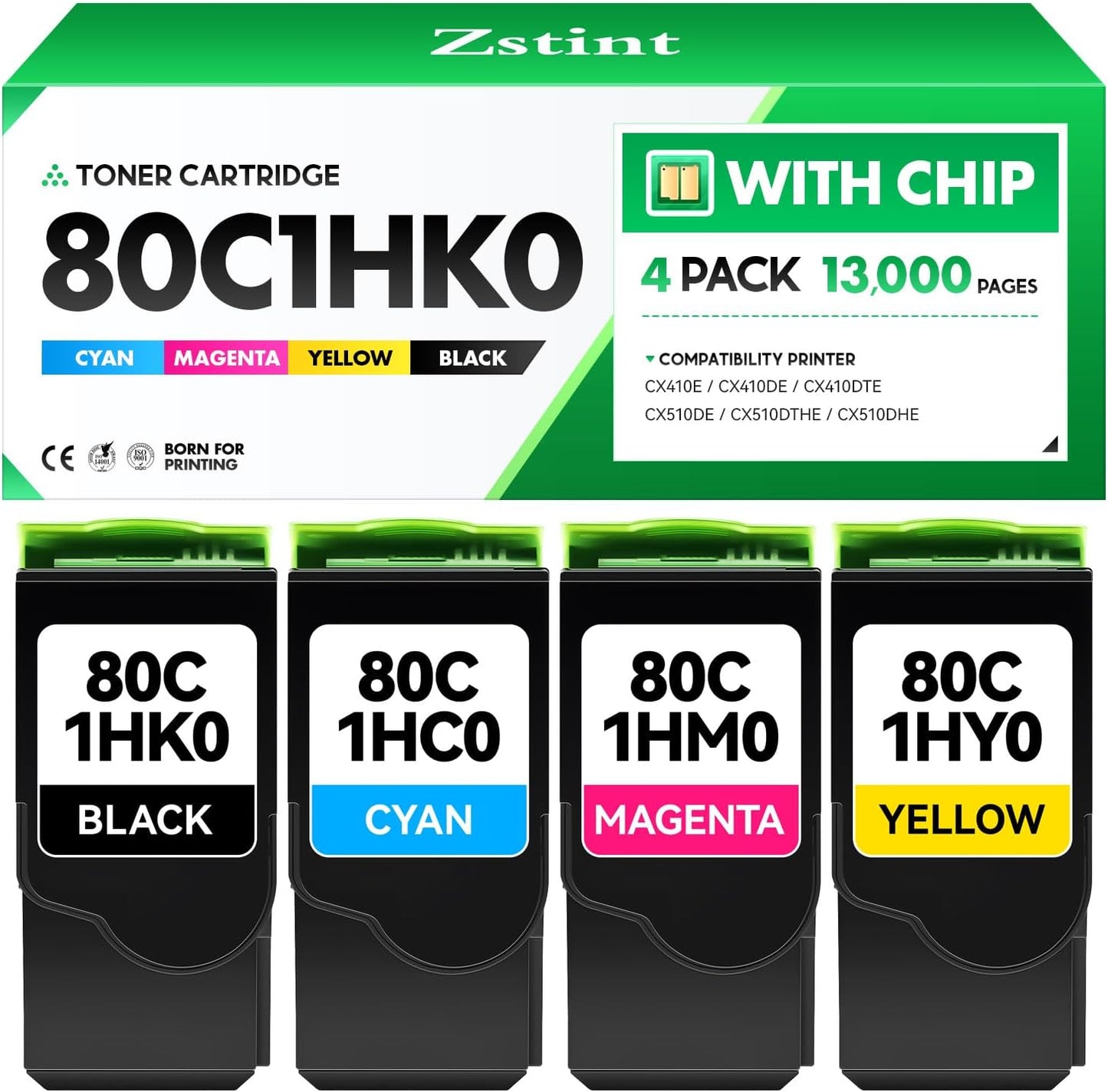 80C1HK0 80C1HC0 80C1HM0 80C1HY0 Toner Cartridge Set 4-Pack Black Cyan Magenta Yellow with chip Replacement Compatible for Lexmark CX410E CX410DE CX410DTE CX510DE CX510DTHE CX510DHE Color Laser Printer