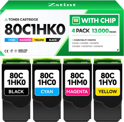 80C1HK0 80C1HC0 80C1HM0 80C1HY0 Toner Cartridge Set 4-Pack Black Cyan Magenta Yellow with chip Replacement Compatible for Lexmark CX410E CX410DE CX410DTE CX510DE CX510DTHE CX510DHE Color Laser Printer